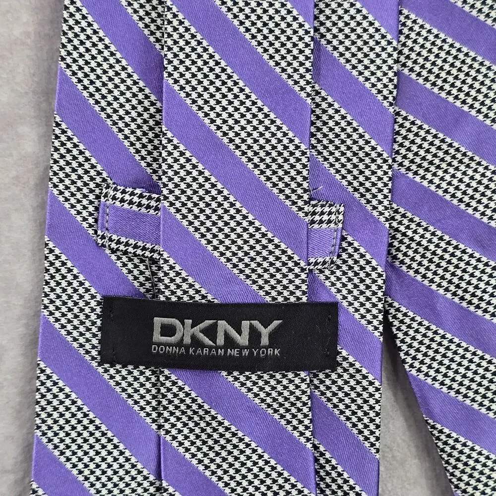 DKNY Purple Houndstooth Stripe Geometric‎ Executive Black White Neck Tie Men's